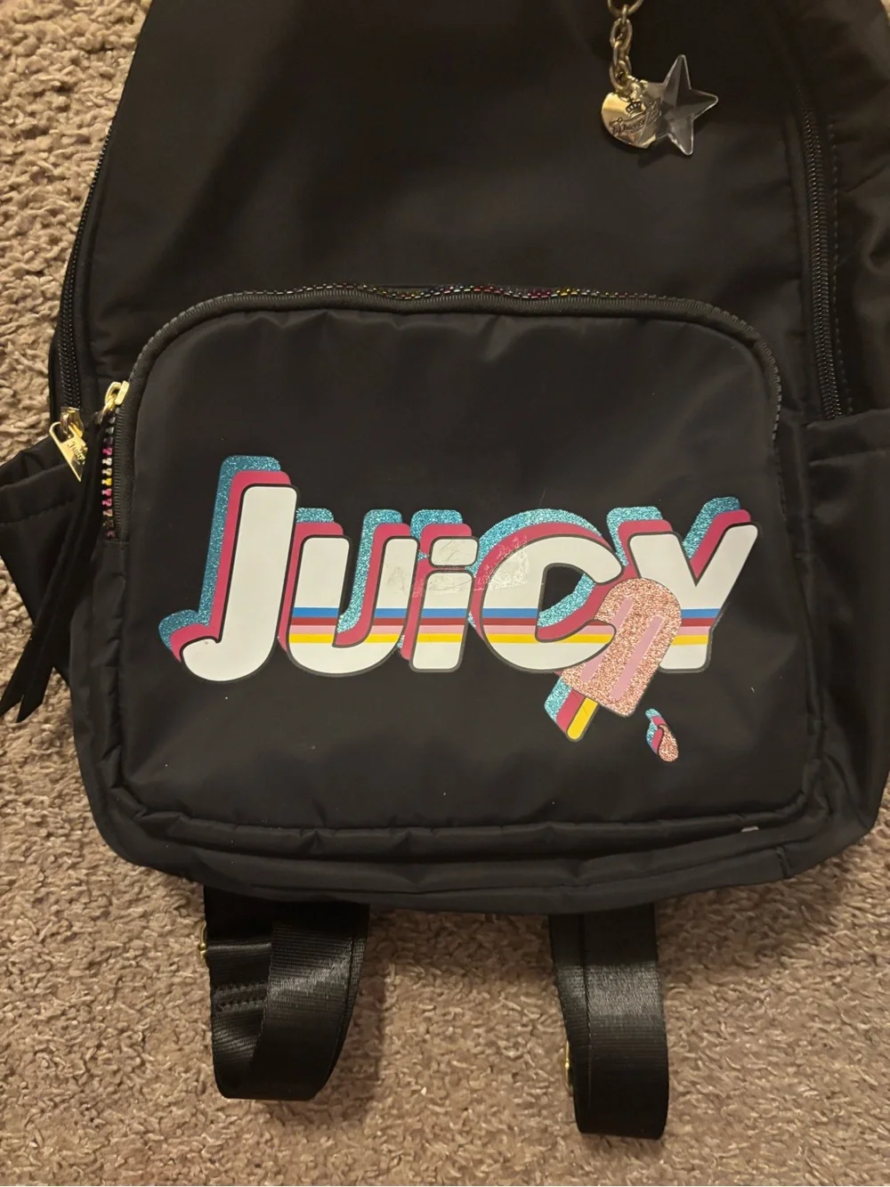 Juicy Couture Kids Black Mini Backpack with Rainbow Zipper/Logo Like New